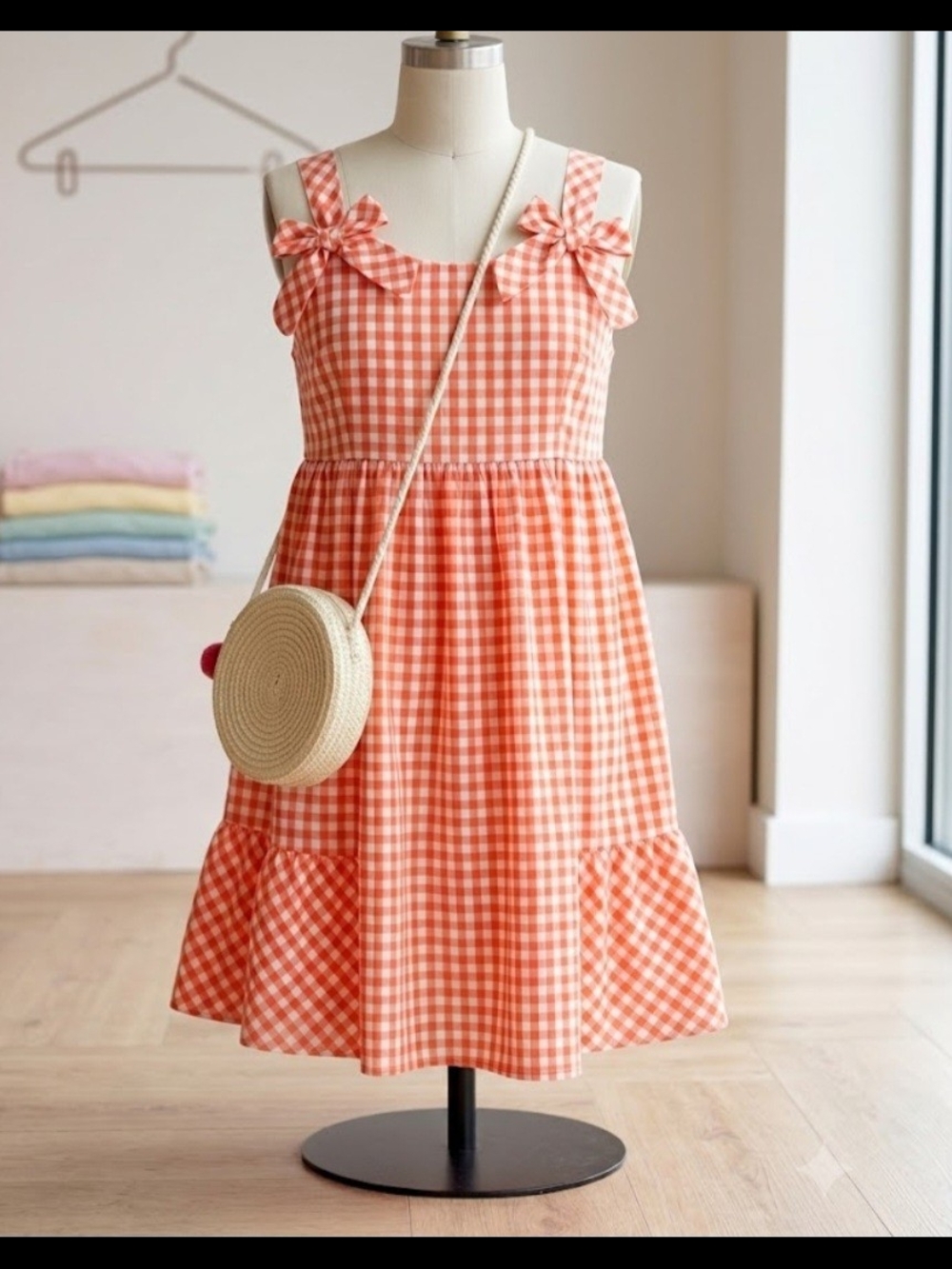 Tahari Orange Gingham Bow-Shoulder Sundress